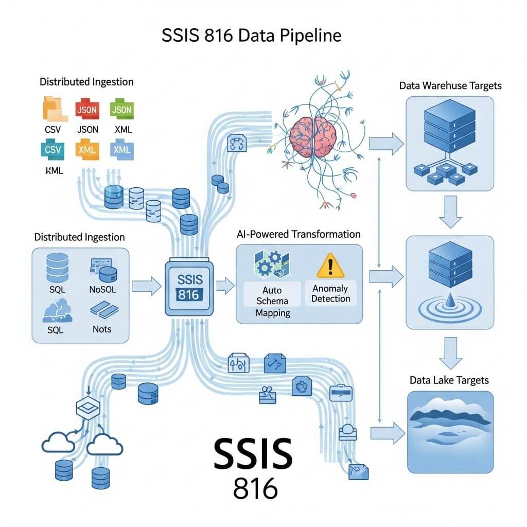 Conceptual SSIS 816 data pipeline showing distributed ingestion, AI-powered transformation with auto schema mapping and anomaly detection, and delivery to data warehouse and data lake targets
