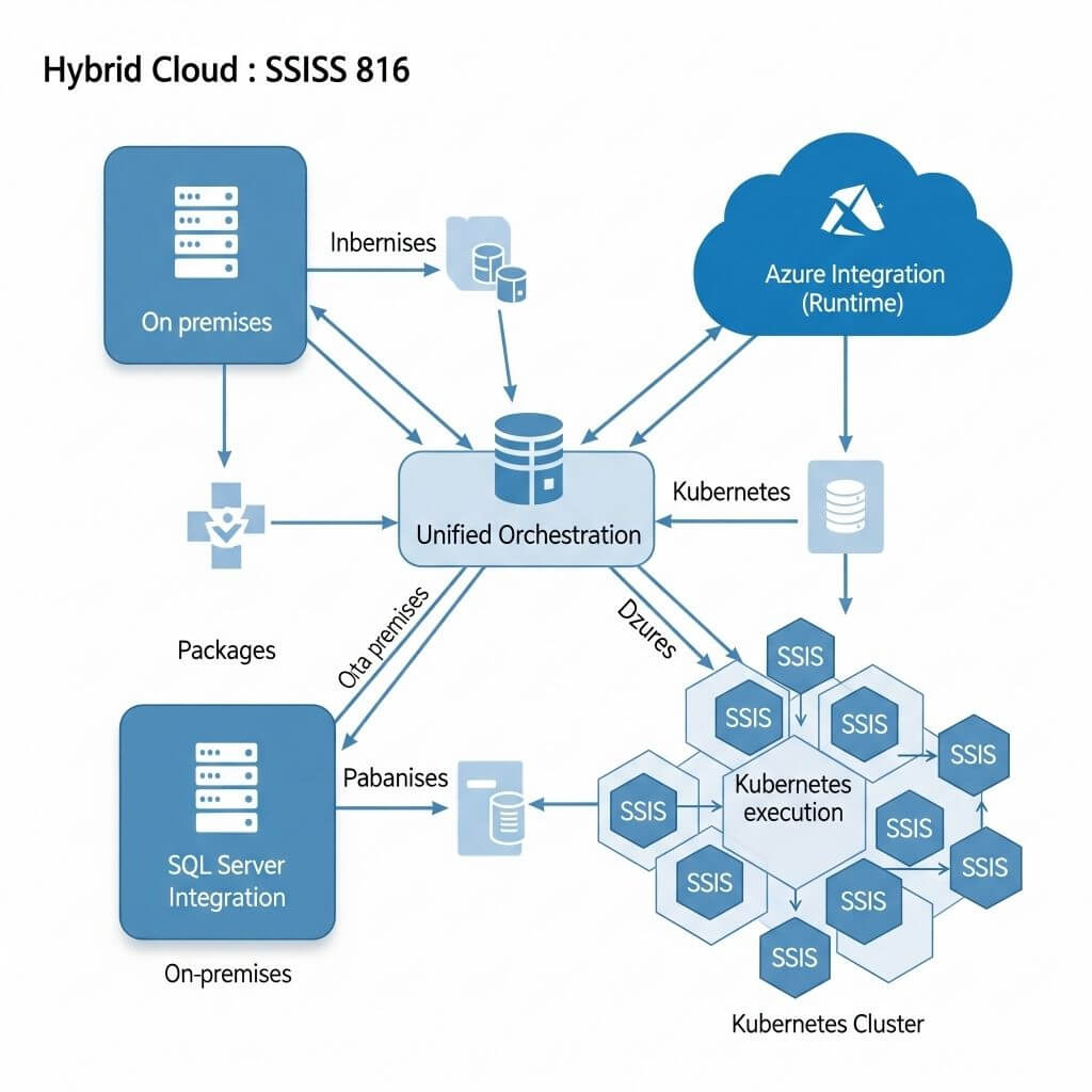 Hybrid cloud architecture of SSIS 816 showing Azure IR, Kubernetes container execution, and on-premises SQL Server integration with unified orchestration.